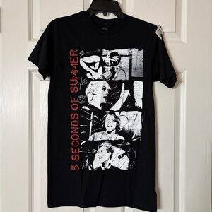 5 Seconds Of Summer Black Tee with White Photo Collage and Red Vertical Logo